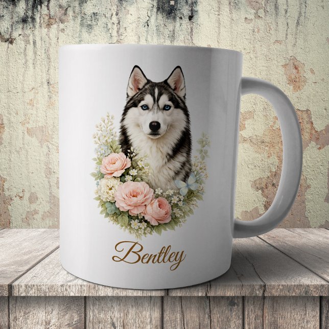 Siberisk Husky Blommig Porträtt Kaffemugg (Skapare uppladdad)
