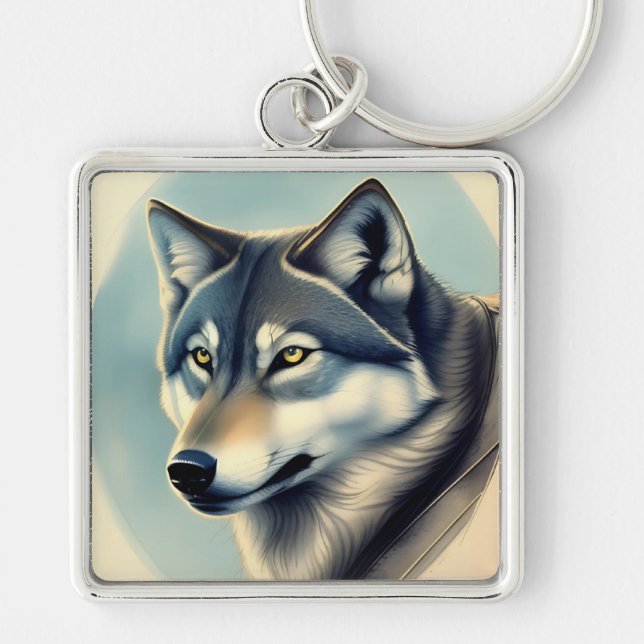 Siberisk Husky Fyrkantig Silverfärgad Nyckelring (Framsidan)