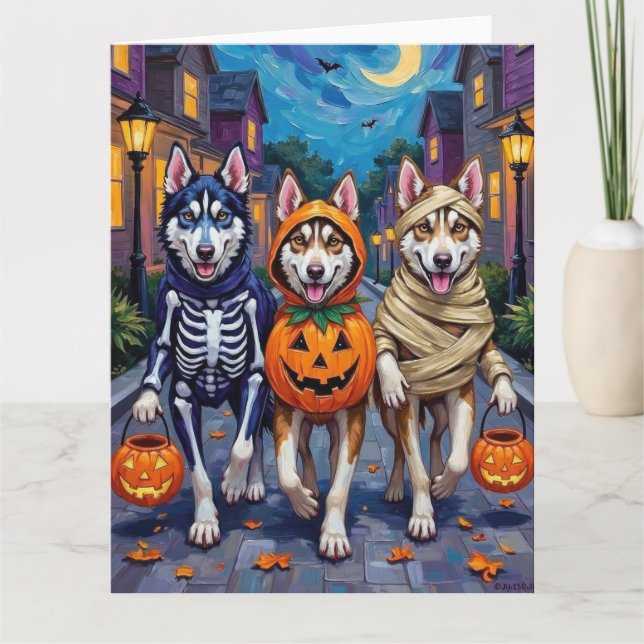 Siberisk Husky Halloweenkostym för Bus eller Godis Kort (Framsida)