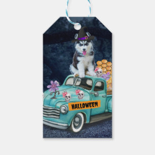 Siberisk Husky Hund Halloween Lastbil Skräcknatt Presentetikett