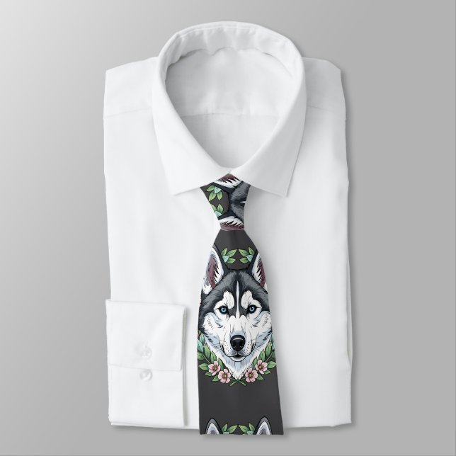 Siberisk Husky Hund Och Mountain Laurel Blommor  Slips (Bunden)