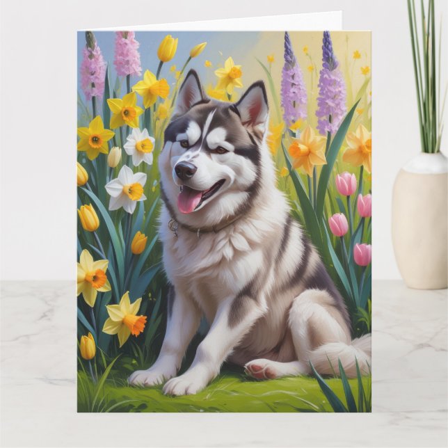 Siberisk Husky Hund Vårblommor Målning Kort (Framsida)
