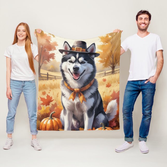 Siberisk Husky i höstlöv tackgivandekonst Fleecefilt (På plats)