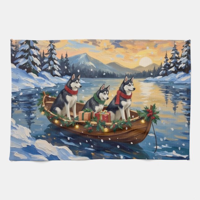 Siberisk Husky Jul Båt Semester Kökshandduk (Horisontell)
