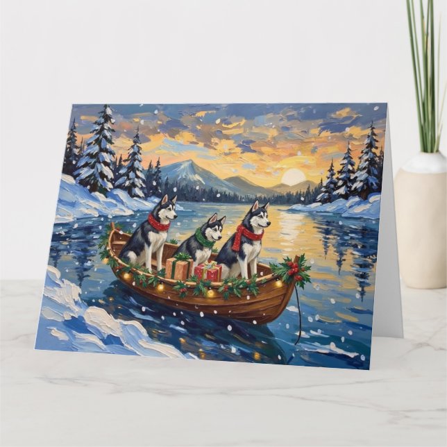 Siberisk Husky Jul Båt Semester Kort (Framsida)