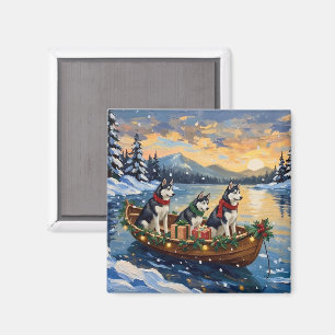 Siberisk Husky Jul Båt Semester Magnet