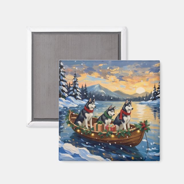 Siberisk Husky Jul Båt Semester Magnet (Front/Back)