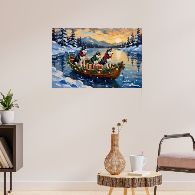 Siberisk Husky Jul Båt Semester Poster (Vardagsrum 3)