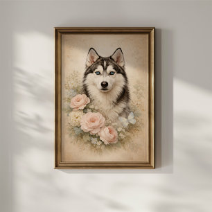 Siberisk Husky med Rosor Poster