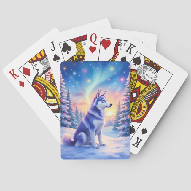 Siberisk Husky Norrsken Jul Vinter Casinokort (Baksidan)