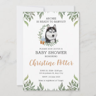 Siberisk Husky Pojke Boho Grönska Bebis Shower Inbjudningar