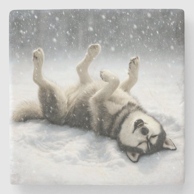 Siberisk Husky Skapar en Snöängel Stenunderlägg (Framsidan)