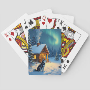 Siberisk Husky Snöig Stuga Julmålning Casinokort