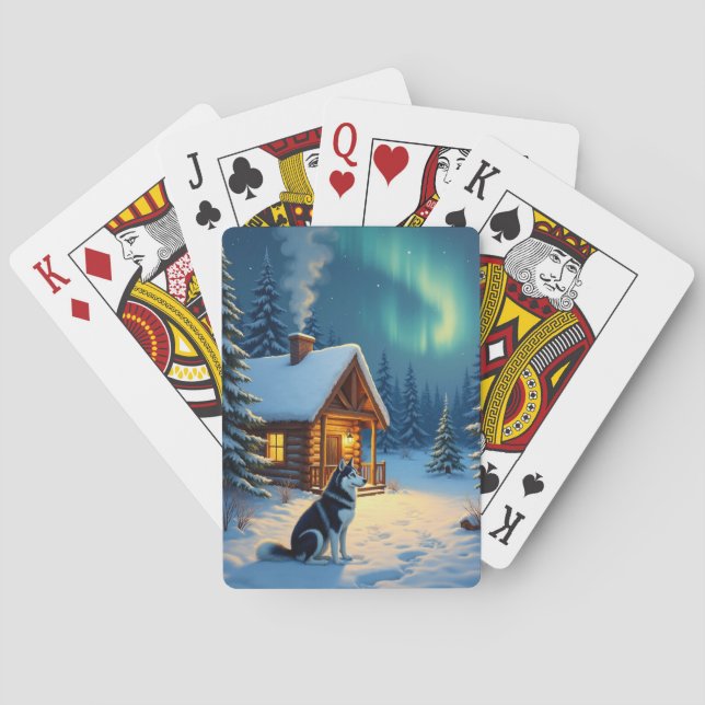 Siberisk Husky Snöig Stuga Julmålning Casinokort (Baksidan)