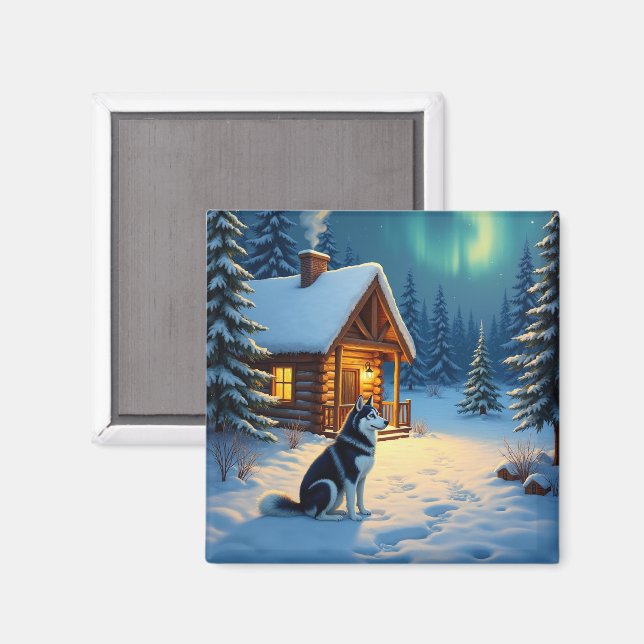 Siberisk Husky Snöig Stuga Julmålning Magnet (Front/Back)