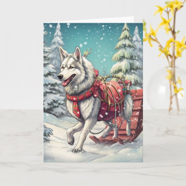 Siberisk Husky som drar en släde Kort (Gul blomma)