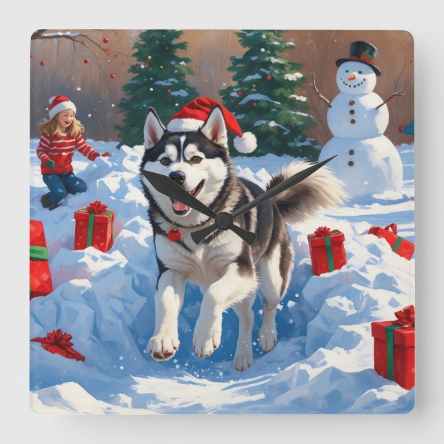 Siberisk Husky som springer i snö med julhatt Fyrkantig Klocka (Framsida)