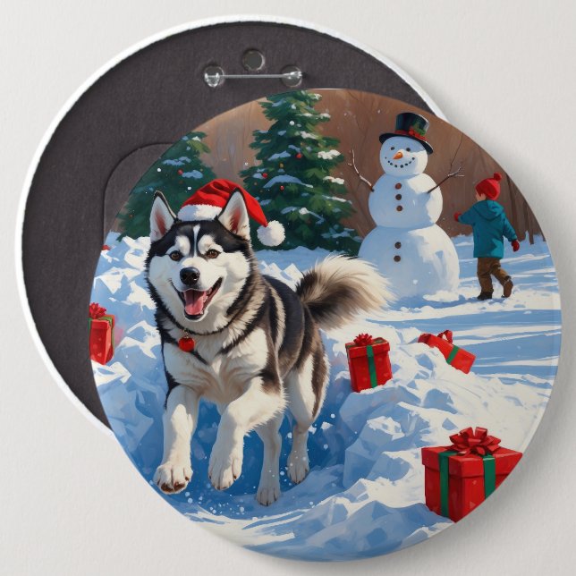 Siberisk Husky som springer i snö med julhatt Knapp (Framsida & baksida)