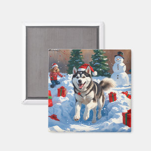 Siberisk Husky som springer i snö med julhatt Magnet