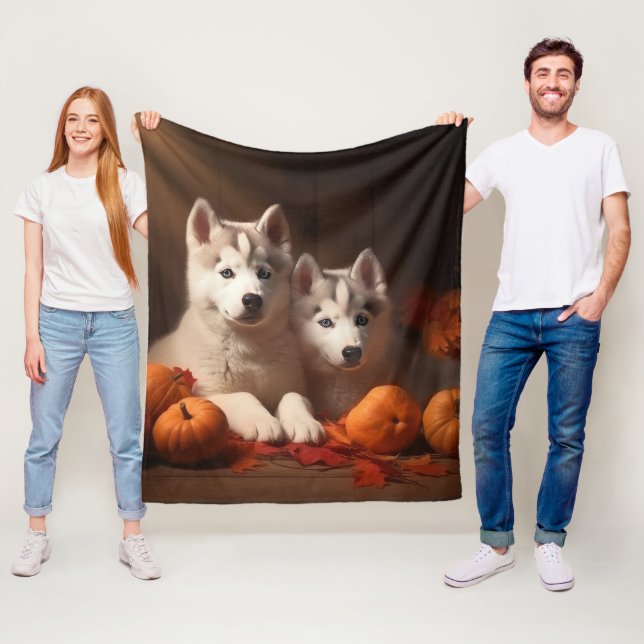 Siberisk Husky-valp Höstglädje Pumpa  Fleecefilt (På plats)