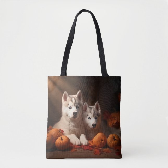 Siberisk Husky-valp Höstglädje Pumpa  Tygkasse (Framsida)