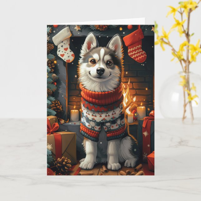 Siberisk Huskyhund Med Julpresenter Öppen Spis Kort (Gul blomma)
