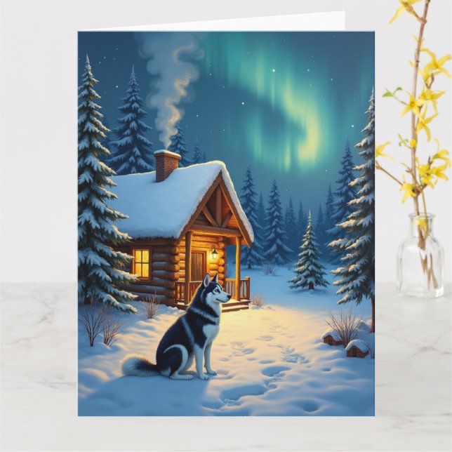 Siberisk Huskynjuta i snöig stuga Julmålning Kort (Gul blomma)