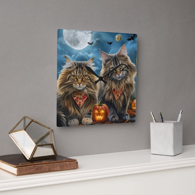Siberisk katt Halloween kuslig  Fyrkantig Klocka (Kontor)
