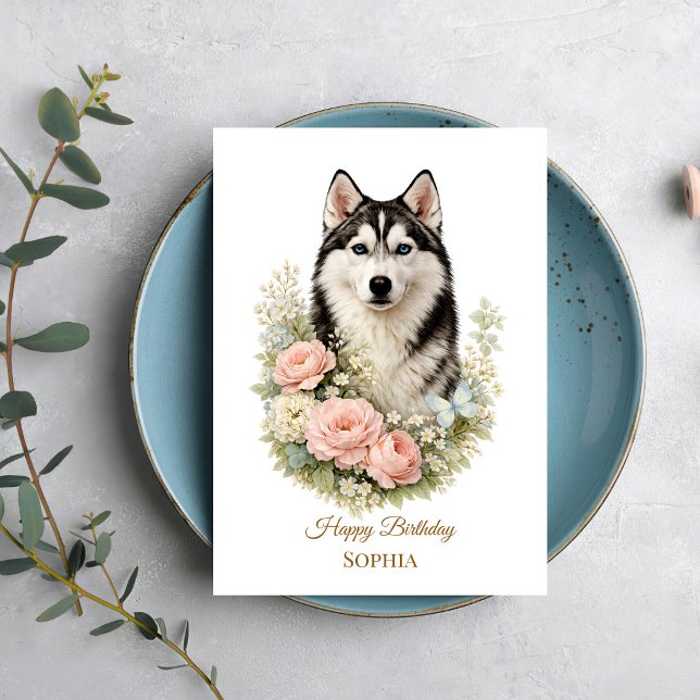 Sibirisk Husky Blommig Porträtt Kort (Skapare uppladdad)
