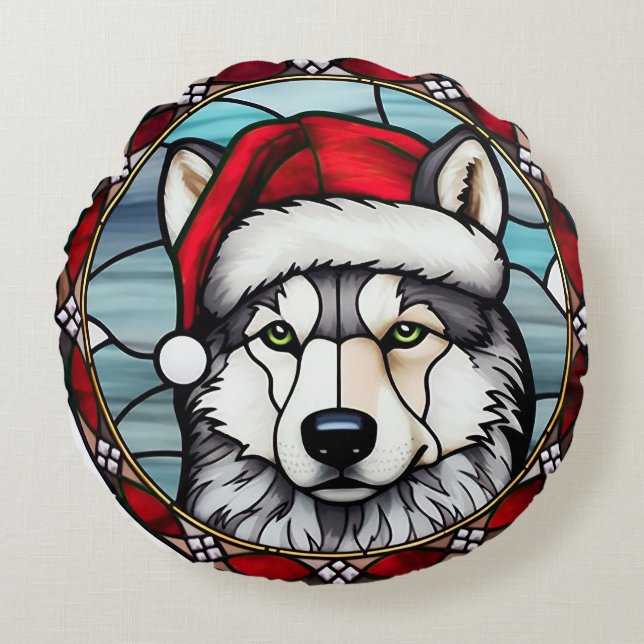 Sibirisk Husky Glasmosaik Jul Rund Kudde (Framsidan)