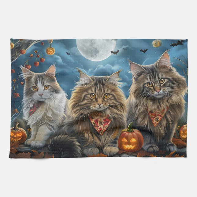 Sibirisk katt Halloween kuslig  Kökshandduk (Horisontell)