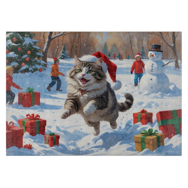 Sibirisk katt springer i snö med julhatt (Framsidan)