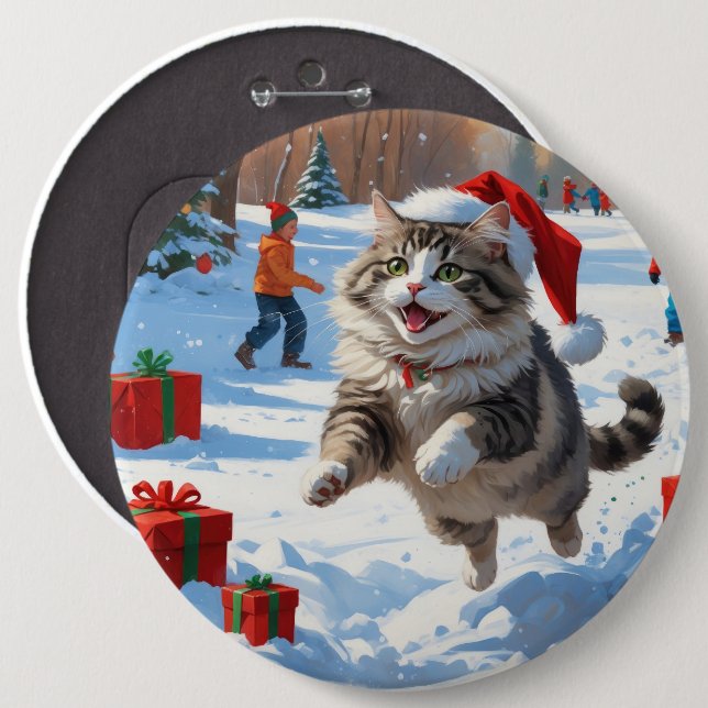 Sibirisk katt springer i snö med julhatt knapp (Framsida & baksida)