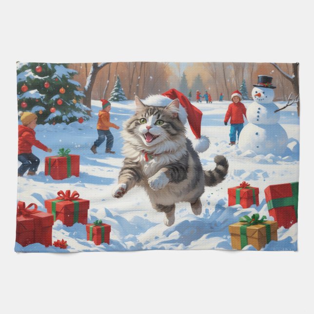 Sibirisk katt springer i snö med julhatt kökshandduk (Horisontell)