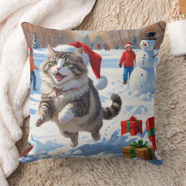 Sibirisk katt springer i snö med julhatt kudde (Filt)