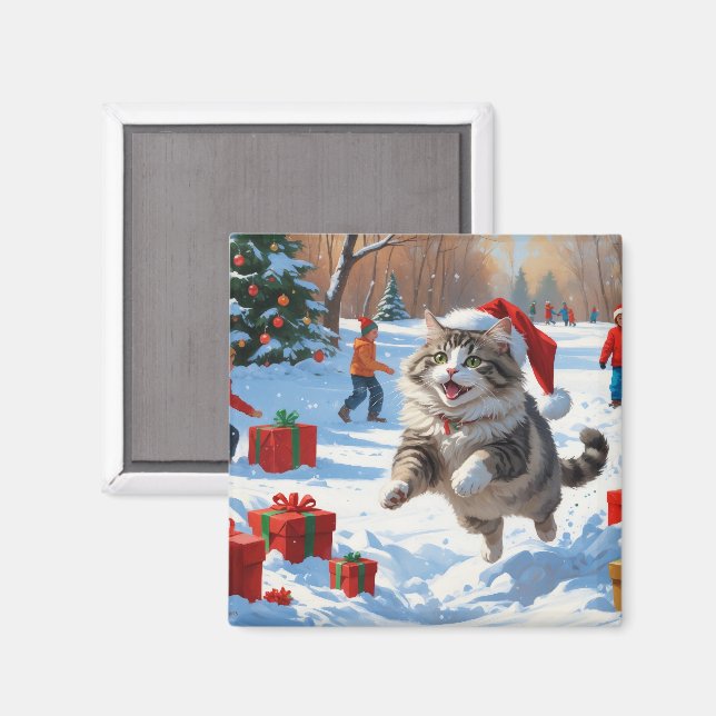 Sibirisk katt springer i snö med julhatt magnet (Front/Back)