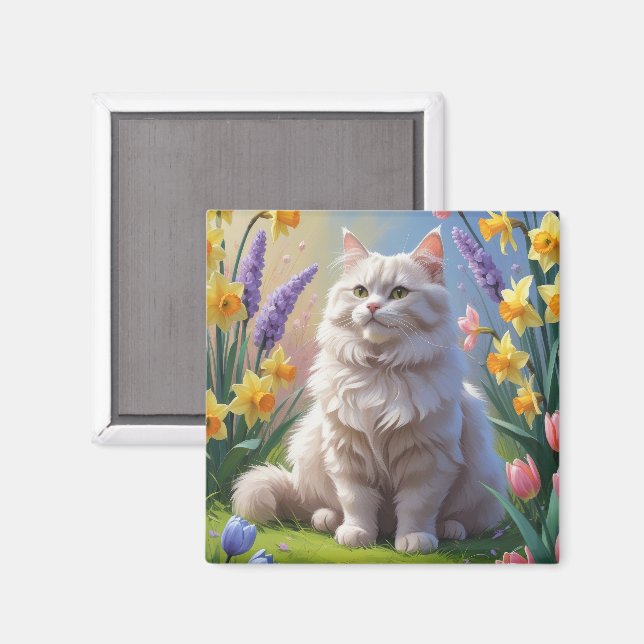Sibirisk katt vårblommor målning magnet (Front/Back)