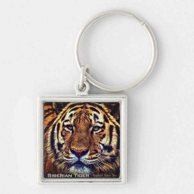Sibirisk tiger fyrkantig silverfärgad nyckelring (Framsidan)