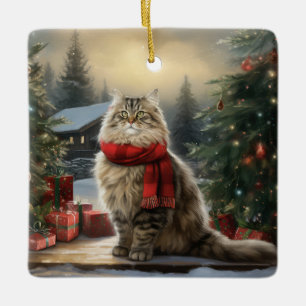Sibiriska Kat vid jul i Snö Julgransprydnad Keramik