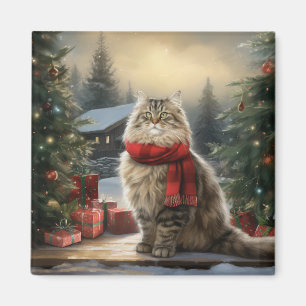 Sibiriska Kat vid jul i Snö Magnet