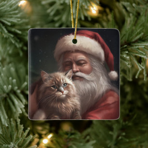 Sibiriska katt med Jultomten jultomte Julgransprydnad Keramik