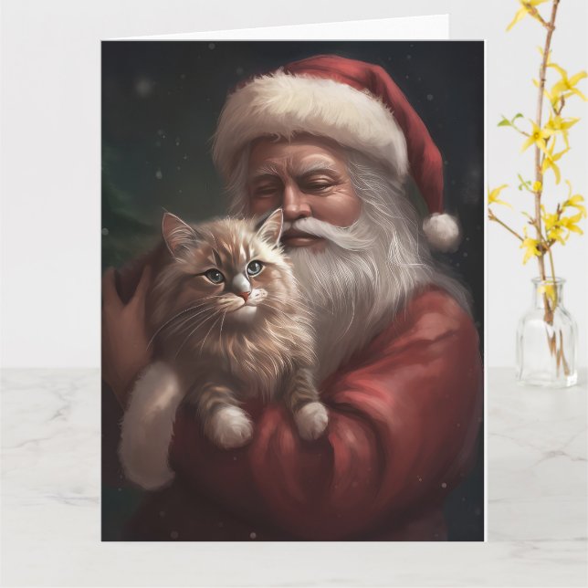 Sibiriska katt med Jultomten jultomte Kort (Gul blomma)