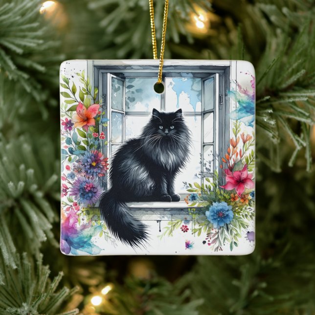 Sibiriska katt på fönstersida med vattenfärgen Stä Julgransprydnad Keramik (Träd)