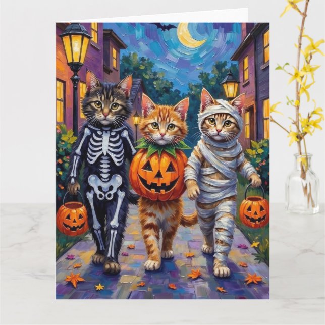 Sibiriska katter som söker godis på Halloween-kost Kort (Gul blomma)