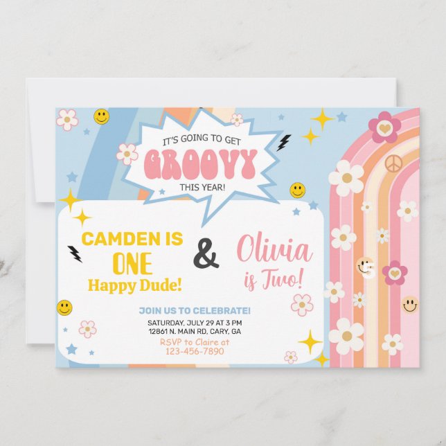 Siblings GROOVY boy and girl birthday invitation. Inbjudningar (Framsida)