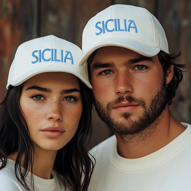 Sicilia (eller Sicilien) Vit mössa med blå brodyr Broderad Keps (Sicilia or Sicily Blue Embroidery on white cap Sicilian heritage gift for him, gift for her)