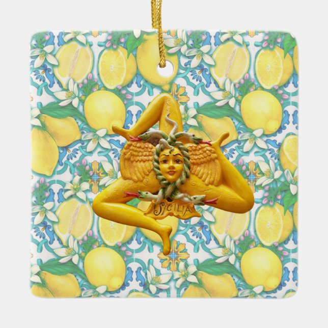 Sicilia Trinacria Flower Lemon Sicilia Italien Blo Julgransprydnad Keramik (Framsida)