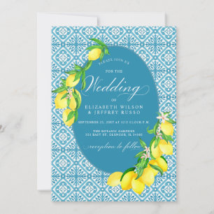 Sicilian Blue Tiles Summer Lemon Boho Bröllop Inbjudningar