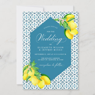 Sicilian Blue Tiles Summer Lemon Boho Bröllop Inbjudningar