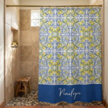 Sicilian Lemon Blue Majolica Tile Shower Curtain